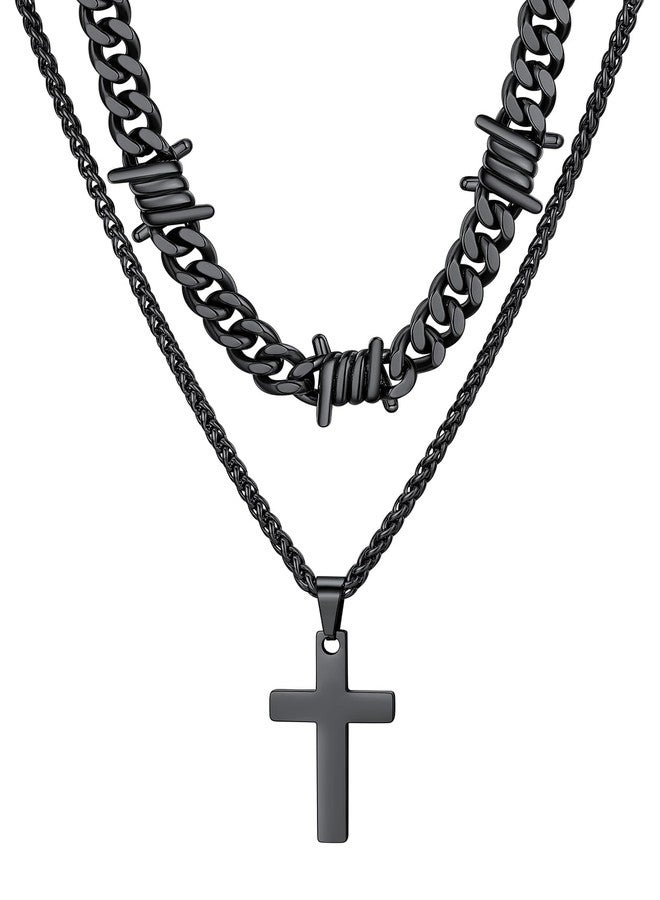 ChainsHouse Black Thorns Chain Choker Necklace for Men 20 Inches Barbe Wire Chain Cross Pendant Necklace Layering Necklaces Set for Women - Image 1