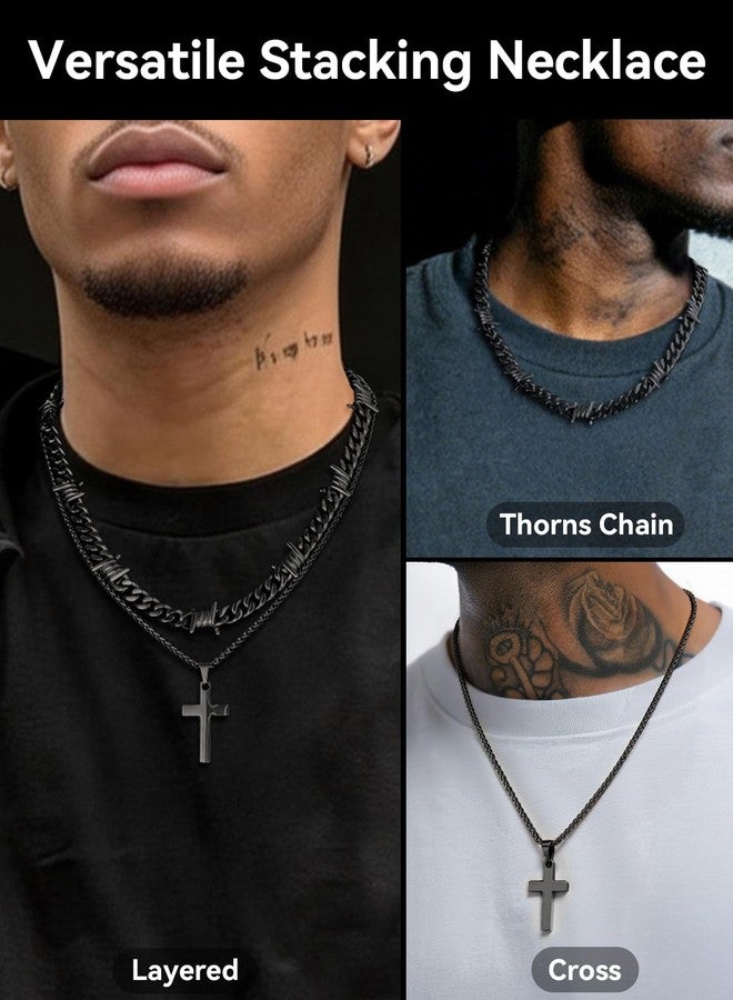 ChainsHouse Black Thorns Chain Choker Necklace for Men 20 Inches Barbe Wire Chain Cross Pendant Necklace Layering Necklaces Set for Women - Image 5