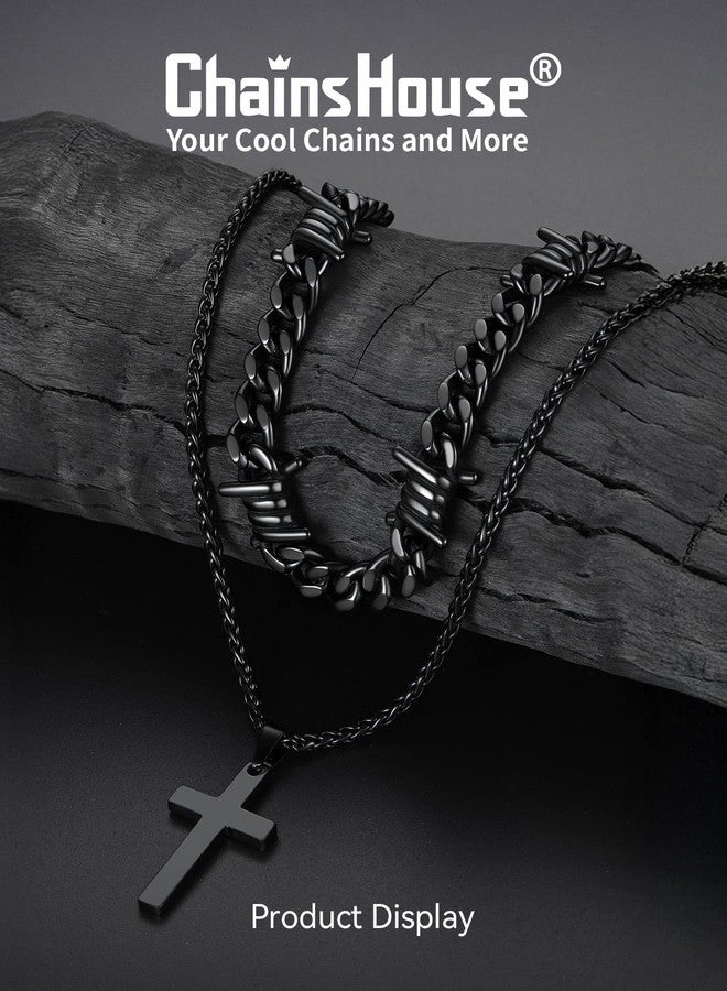 ChainsHouse Black Thorns Chain Choker Necklace for Men 20 Inches Barbe Wire Chain Cross Pendant Necklace Layering Necklaces Set for Women - Image 3