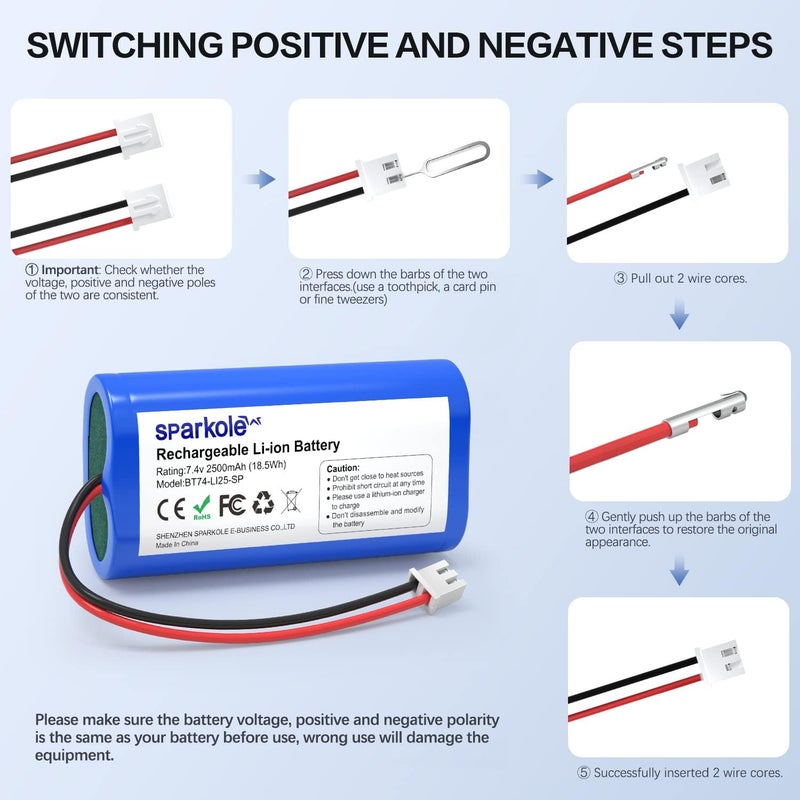 SPARKOLE 7.4V 2500mAh Li-ion Rechargeable Battery for Speaker/Remote Control Toy/Bluetooth Boom Box/Portable DVD Player/Outdoor Lighting - Image 3