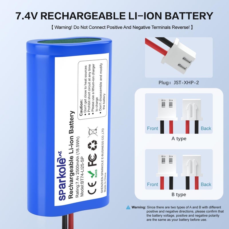 SPARKOLE 7.4V 2500mAh Li-ion Rechargeable Battery for Speaker/Remote Control Toy/Bluetooth Boom Box/Portable DVD Player/Outdoor Lighting - Image 2