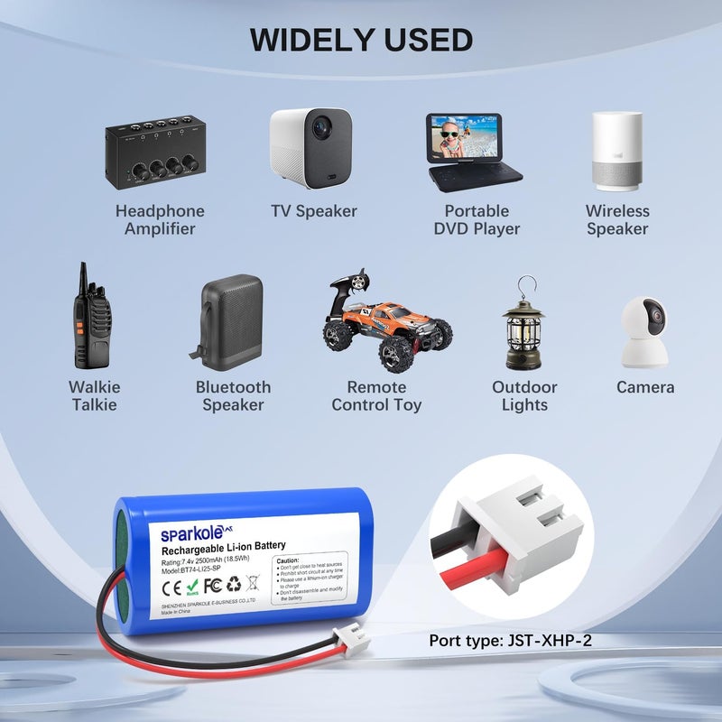 SPARKOLE 7.4V 2500mAh Li-ion Rechargeable Battery for Speaker/Remote Control Toy/Bluetooth Boom Box/Portable DVD Player/Outdoor Lighting - Image 4