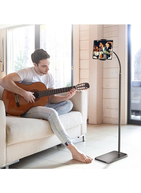 Adjustable Metal iPad Floor Stand with Flexible Gooseneck Hands-Free Tablet Smartphone Holder for 4.7 to 12.9 inch, Ideal for Reading, Watching Videos, and Video Chats, Sturdy Iron Construction, Handsfree Device Stand Modern Tablet Stand Stable Device Support, Tablet Holder Stand