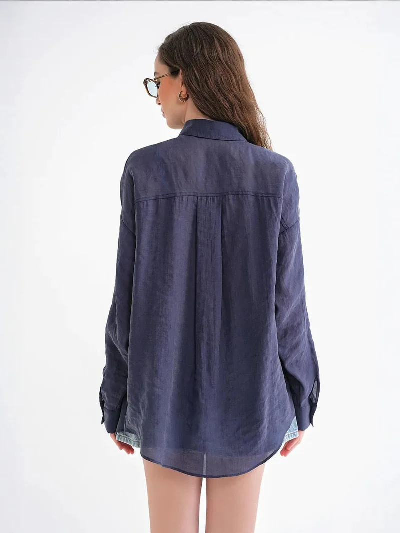 MixRay Navy Blue Mixray Oversized Button-Up Shirt for Women | Best Price UAE