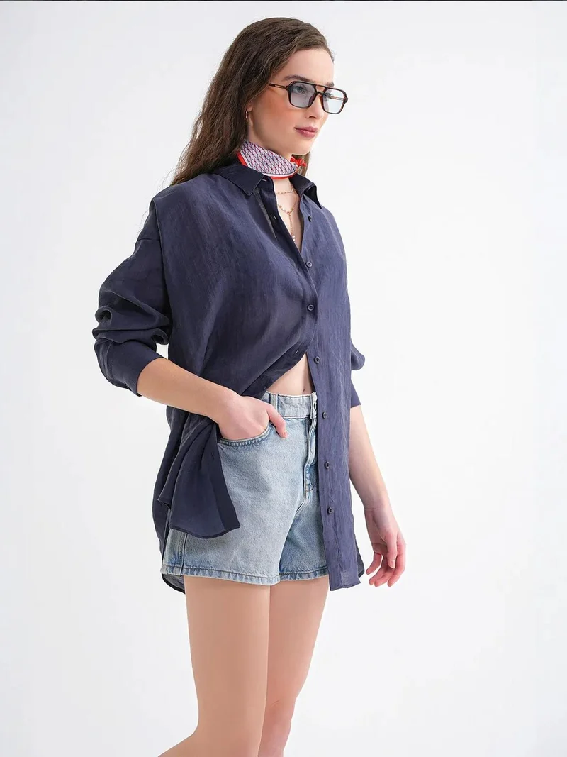MixRay Navy Blue Mixray Oversized Button-Up Shirt for Women | Best Price UAE