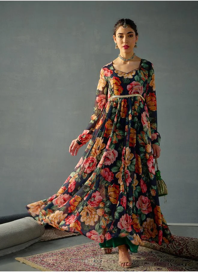 SASSAFRAS Floral Print Sweetheart Neck Anarkali Kurta