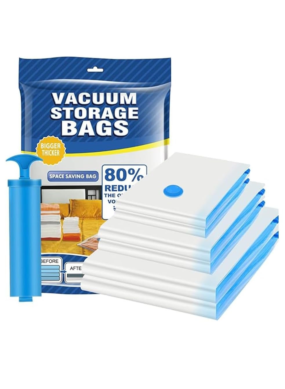 Vacuum Storage bags with Hand Pump, 5 pack Space Saver Bags (1 XL, 2L, 2M) for Home and Travel, Reusable Compressed Air Storage Bags for Clothes