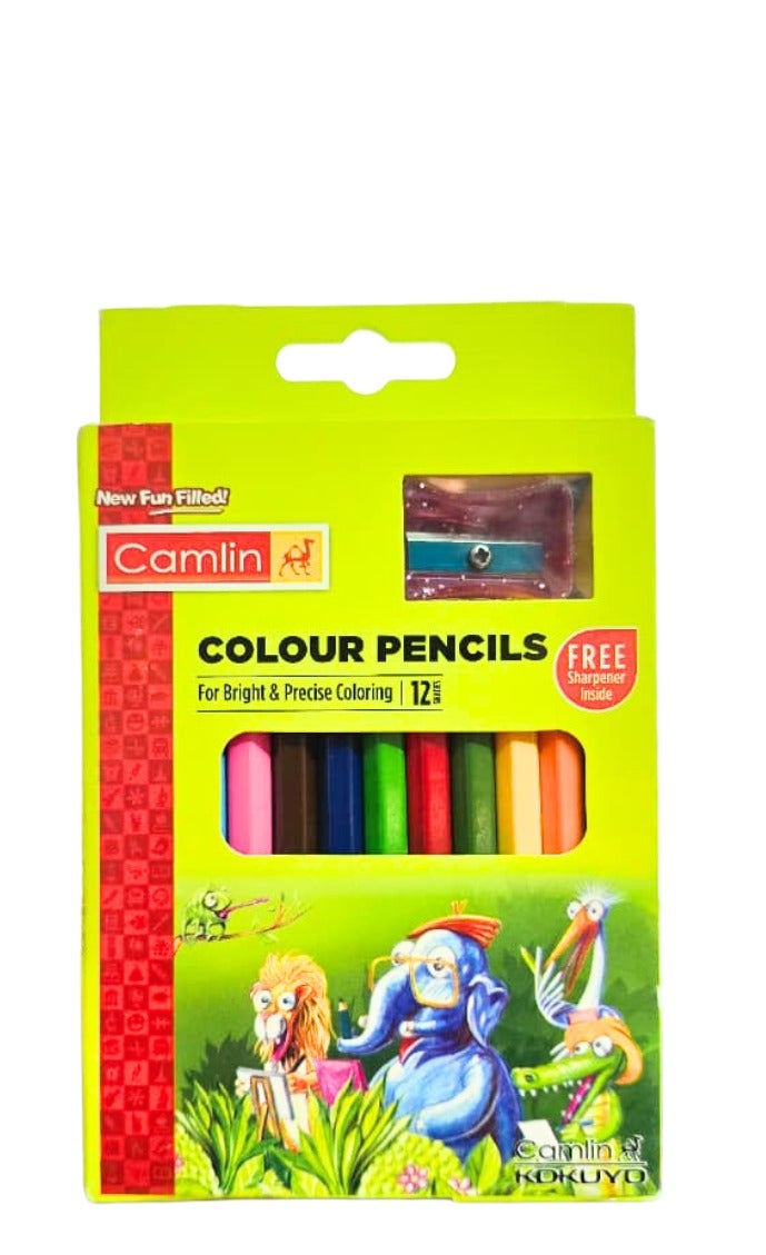 Camlin A set of 12 assorted half-size hexagonal colored pencils with a sharpener - Image 1