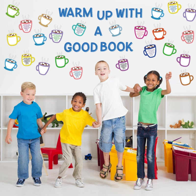 Naozinebi Winter Bulletin Board Set Hot Cocoa Marshmallow Classroom Decoration Warm Up with A Good Book Bulletin Board Decoration Cocoa Paper Cutouts for School Home Reading DIY Craft Chalkboard Wall Decor - Image 5