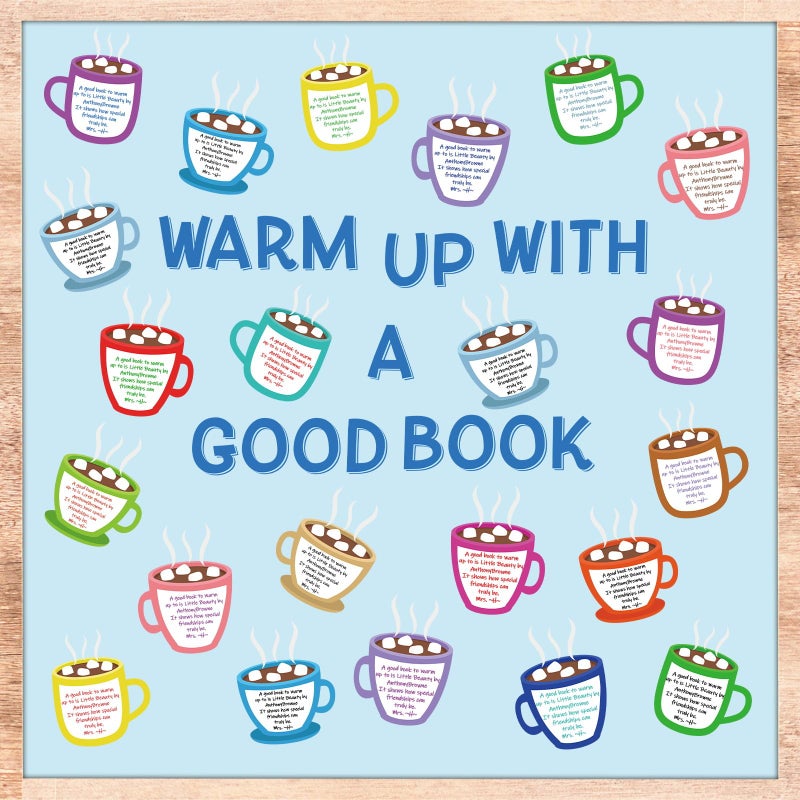 Naozinebi Winter Bulletin Board Set Hot Cocoa Marshmallow Classroom Decoration Warm Up with A Good Book Bulletin Board Decoration Cocoa Paper Cutouts for School Home Reading DIY Craft Chalkboard Wall Decor - Image 1