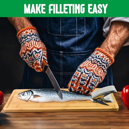 MAVOTER 18" Bamboo Fish Cleaning Board Kit Anti-slip Fish Cutting Board Set Fish Filet Board with Scale Fish Measure Board Include Fish Fillet Knife, Clamp, Sharpener,Gloves, Fisherman Gifts - Image 5