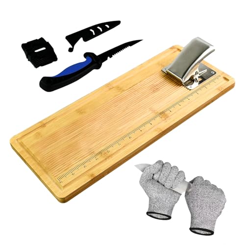 MAVOTER 18" Bamboo Fish Cleaning Board Kit Anti-slip Fish Cutting Board Set Fish Filet Board with Scale Fish Measure Board Include Fish Fillet Knife, Clamp, Sharpener,Gloves, Fisherman Gifts - Image 1