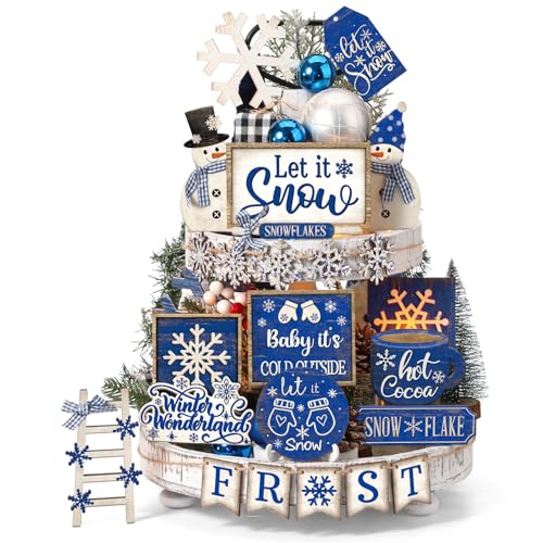 Nuogo 25 Pcs Winter Tiered Tray Decor Wood Rustic Winter Decoration for Home Christmas Snowflake Table Shelf Farmhouse Let It Snow Decor Xmas Snowman Signs for Table Holiday - Image 1