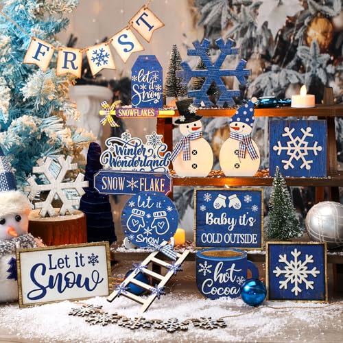 Nuogo 25 Pcs Winter Tiered Tray Decor Wood Rustic Winter Decoration for Home Christmas Snowflake Table Shelf Farmhouse Let It Snow Decor Xmas Snowman Signs for Table Holiday - Image 3