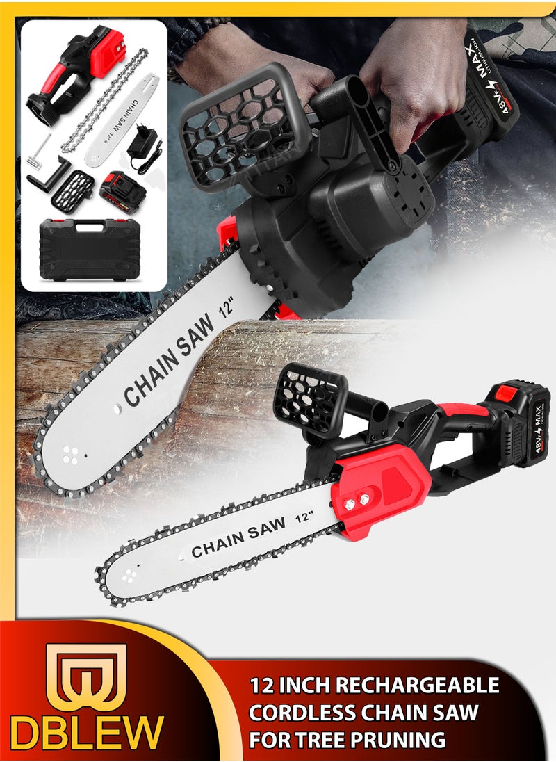 DBLEW - Multifunction One Hand Electric Chainsaw Cordless 12 Inch Large Chain Saw With 48VF Rechargeable Battery Powerful Logging Cutting Tool For Tree Branch Trimming Wood Gardening High Power Tree Pruning - Image 1
