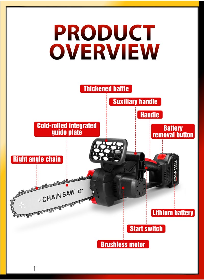 DBLEW - Multifunction One Hand Electric Chainsaw Cordless 12 Inch Large Chain Saw With 48VF Rechargeable Battery Powerful Logging Cutting Tool For Tree Branch Trimming Wood Gardening High Power Tree Pruning - Image 1