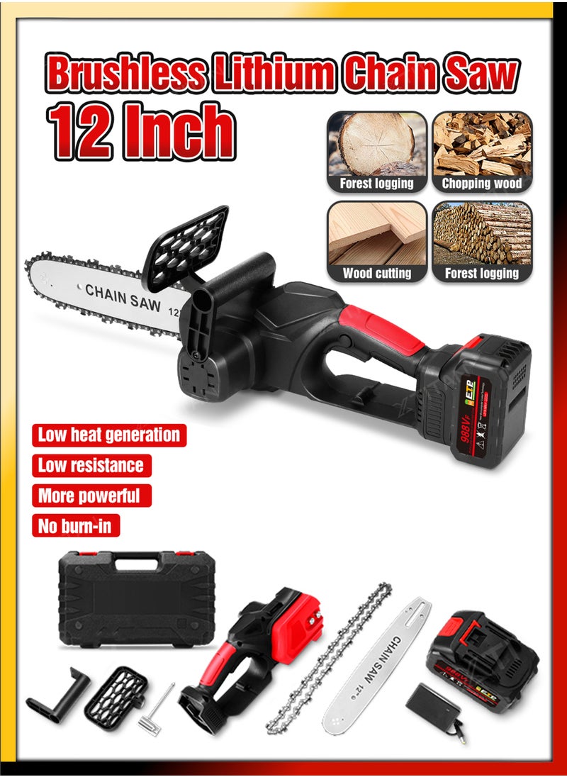 DBLEW - Multifunction One Hand Electric Chainsaw Cordless 12 Inch Large Chain Saw With 48VF Rechargeable Battery Powerful Logging Cutting Tool For Tree Branch Trimming Wood Gardening High Power Tree Pruning - Image 1