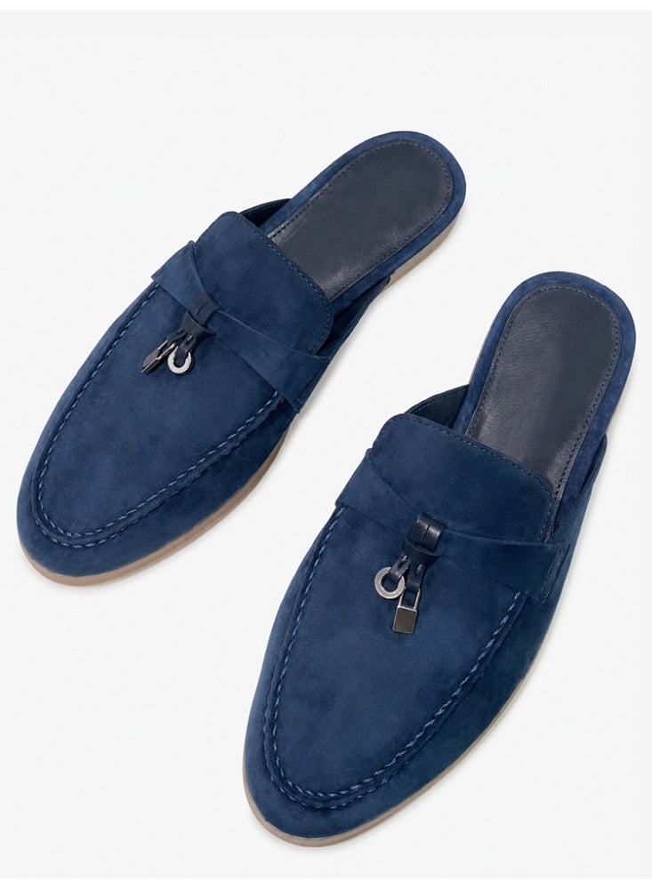 Women Flat Heel Fashion Design Mule Slides, Suede Loafers Genuine Leather Outdoor Slippers Flats Large Size 42 - Image 3