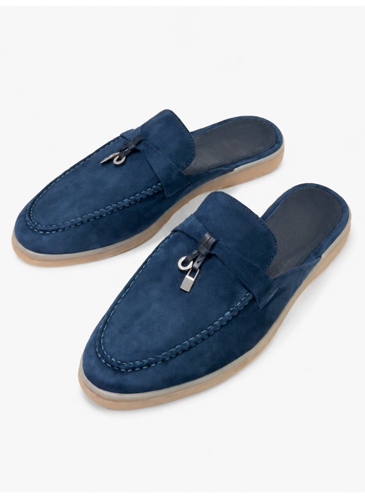 Women Flat Heel Fashion Design Mule Slides, Suede Loafers Genuine Leather Outdoor Slippers Flats Large Size 42 - Image 1