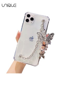 For iPhone 16 Pro Phone Case - Metal Butterfly with Bracelet Lanyard - Clear Phone Case - Sleek and Simple Phone Case - TPU Drop Protection