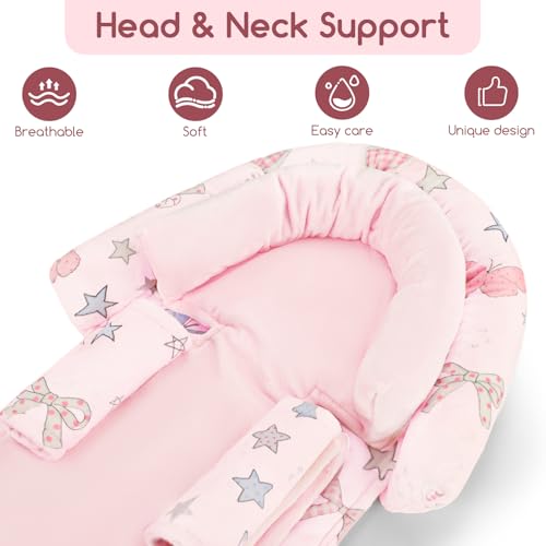 GFU Baby Car Seat Head Support for Newborn, 2 in 1 Infant Car Seat Head Body Support with Strap Pads, Soft Stroller Cushion Pillow Insert for Girls, Fits for Stroller, Swing, Pink Stars - Image 2