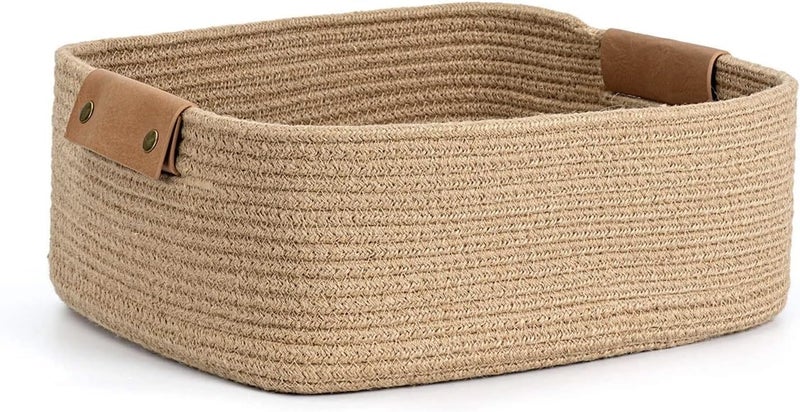 DOLCE CASA DOLCE CASA Cotton Woven Basket With Handles For Shelves Toys Book Cloth Basket For organizing Nursery Cube Bin Decorative Storage Organizer For Living Room Bathroom BEIGE  - Image 1