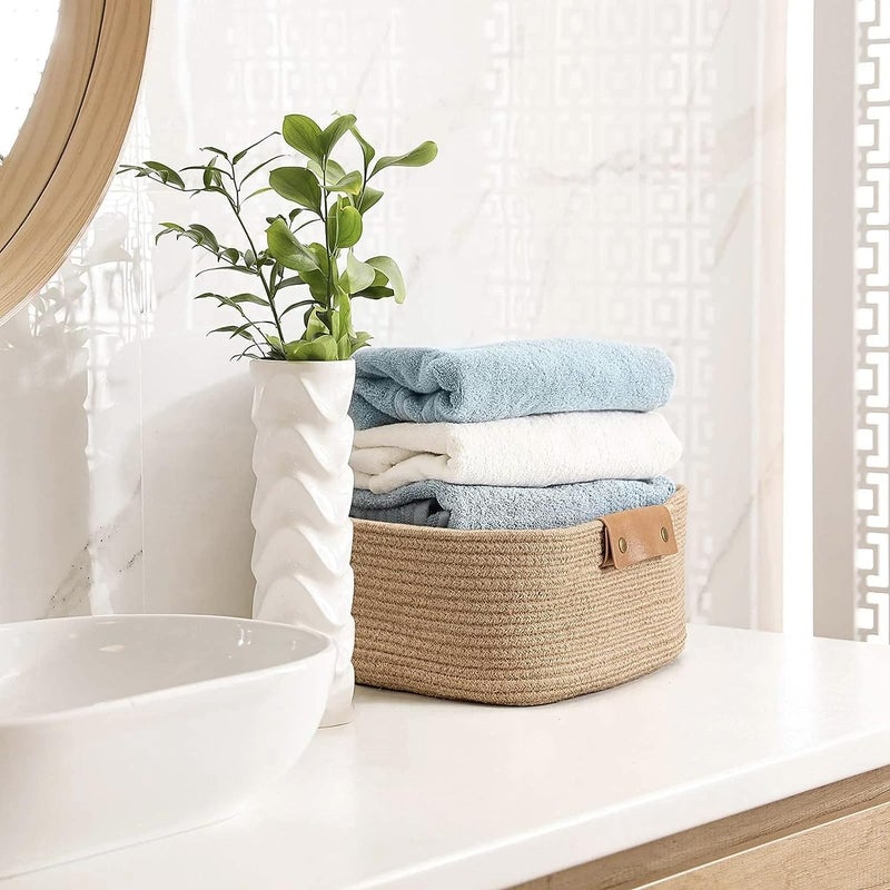 DOLCE CASA DOLCE CASA Cotton Woven Basket With Handles For Shelves Toys Book Cloth Basket For organizing Nursery Cube Bin Decorative Storage Organizer For Living Room Bathroom BEIGE  - Image 2