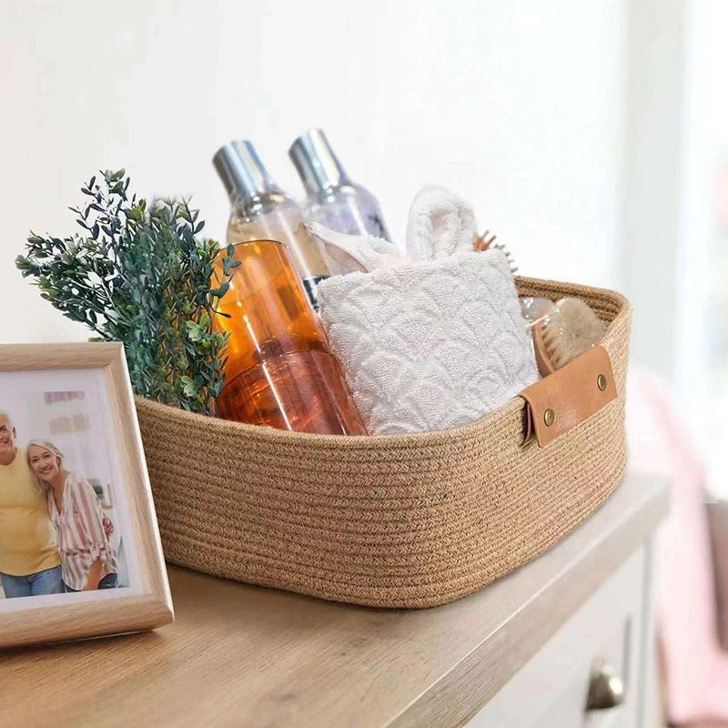 DOLCE CASA DOLCE CASA Cotton Woven Basket With Handles For Shelves Toys Book Cloth Basket For organizing Nursery Cube Bin Decorative Storage Organizer For Living Room Bathroom BEIGE  - Image 5