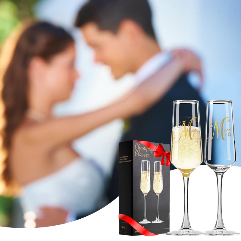 Haoxishui Mr and Mrs Champagne Flutes Set of 2, Elegant Crystal Engagement Gifts for Couples, Bridal Shower Gifts, Lead-Free Champagne Glass 8.5oz/250ml - Image 3