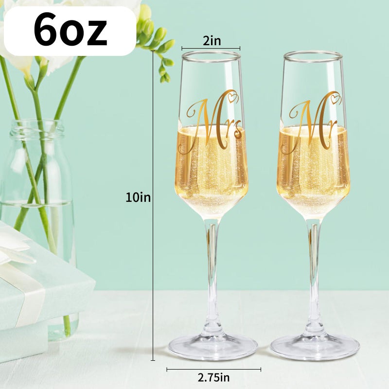 Haoxishui Mr and Mrs Champagne Flutes Set of 2, Elegant Crystal Engagement Gifts for Couples, Bridal Shower Gifts, Lead-Free Champagne Glass 8.5oz/250ml - Image 2