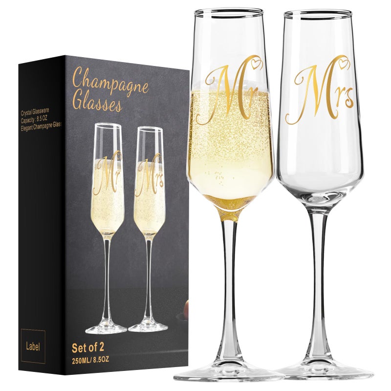 Haoxishui Mr and Mrs Champagne Flutes Set of 2, Elegant Crystal Engagement Gifts for Couples, Bridal Shower Gifts, Lead-Free Champagne Glass 8.5oz/250ml - Image 1