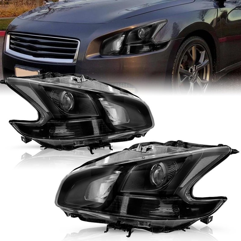 TUSDAR Headlights Assembly for 2009-2014 Nissan Maxima - Black Housing with Clear Reflector - Image 1