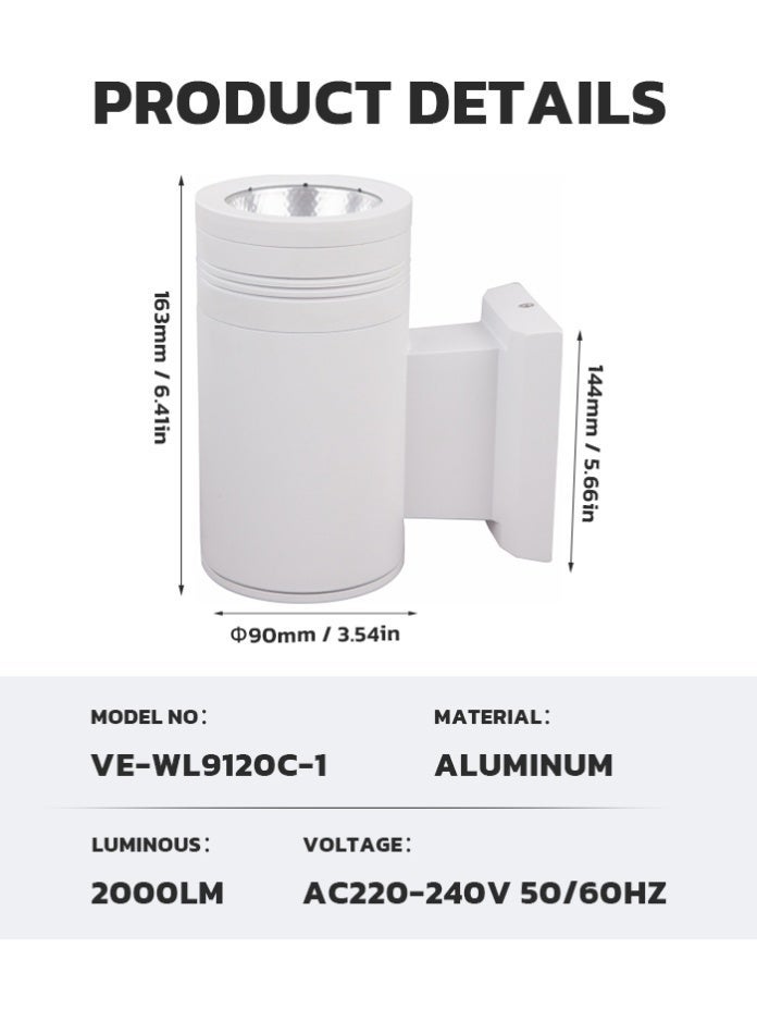 Vmax 1 Piece Outdoor LED Wall Light 16.3 cm – 2000LM, Aluminum Waterproof 90x163x144mm Exterior Sconce (6500K Cool White) - Image 5