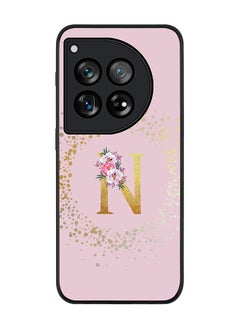 Rugged Black edge case for OnePlus 12R / OnePlus Ace 3 5G, Slim fit Soft Cover - Custom Monogram Initial Letter Floral Pattern Alphabet - N (Pink)
