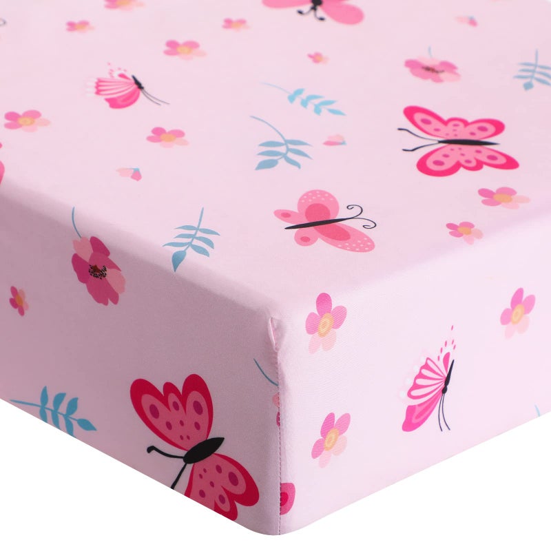 Tudomro 3 Pieces Butterfly Nursery Crib Bedding Set for Girls, Standard Size Bedding Sets with Comforter Fitted Sheet Crib Skirt(Pink) - Image 3