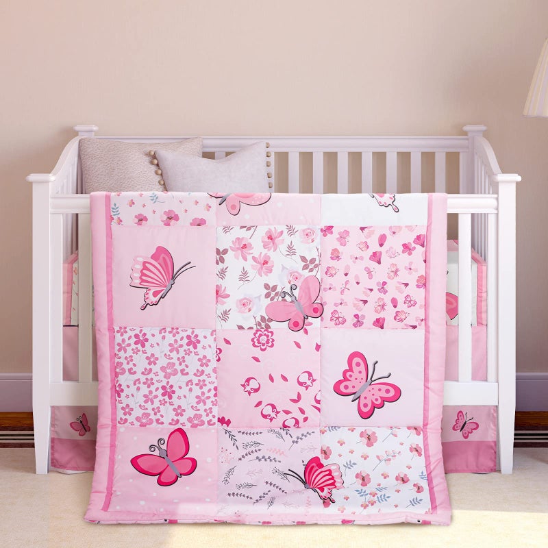 Tudomro 3 Pieces Butterfly Nursery Crib Bedding Set for Girls, Standard Size Bedding Sets with Comforter Fitted Sheet Crib Skirt(Pink) - Image 1