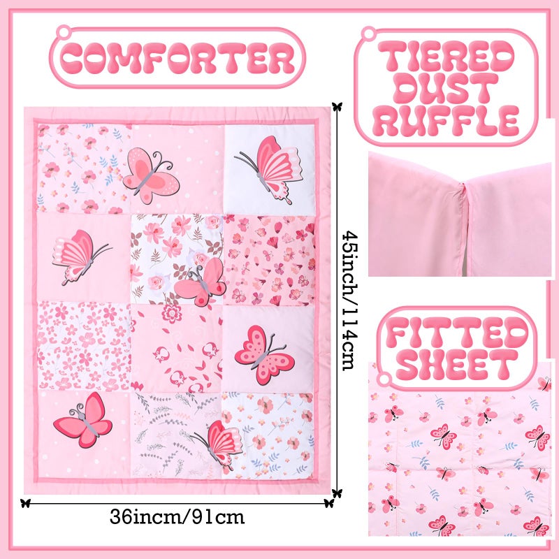 Tudomro 3 Pieces Butterfly Nursery Crib Bedding Set for Girls, Standard Size Bedding Sets with Comforter Fitted Sheet Crib Skirt(Pink) - Image 2