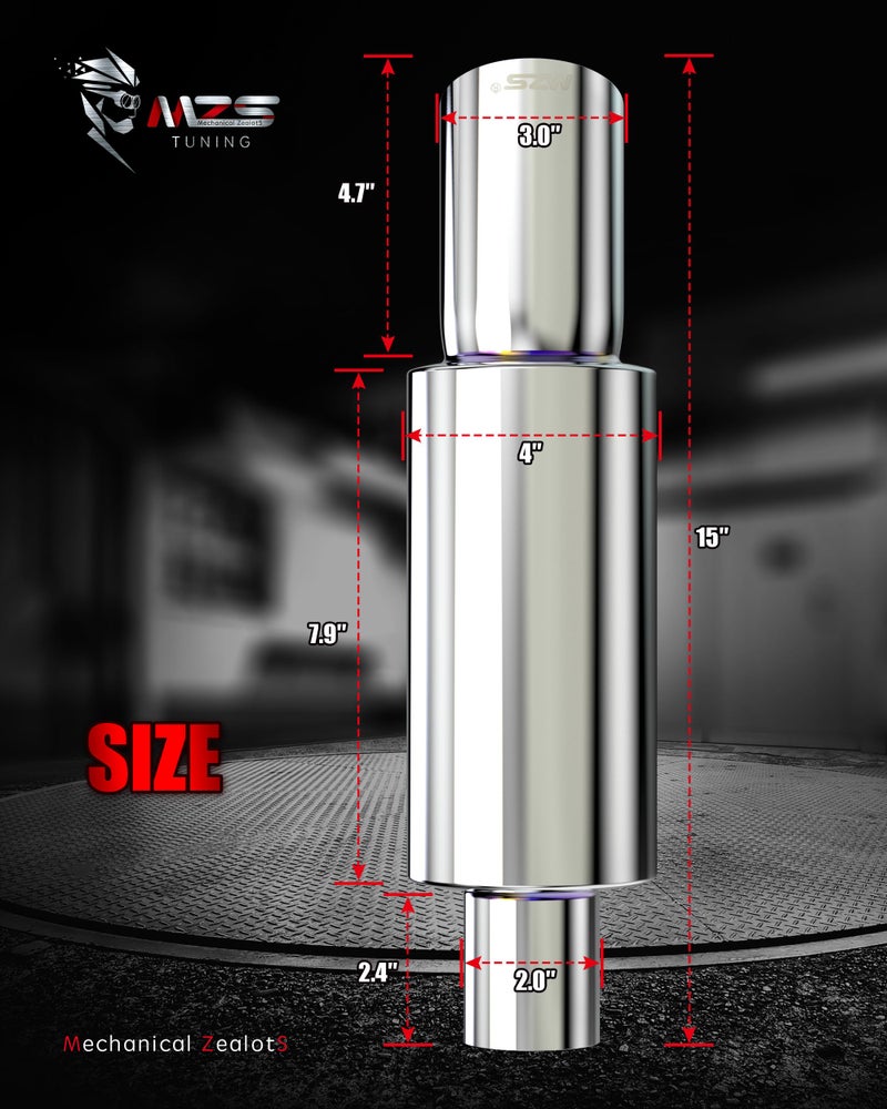MZS Exhaust Muffler, Straight Through Stainless Steel Exhaust Tip 15" Length 2" Inlet 3" Outlet Universal for Car Sedan SUV Truck Vehicles - Image 3