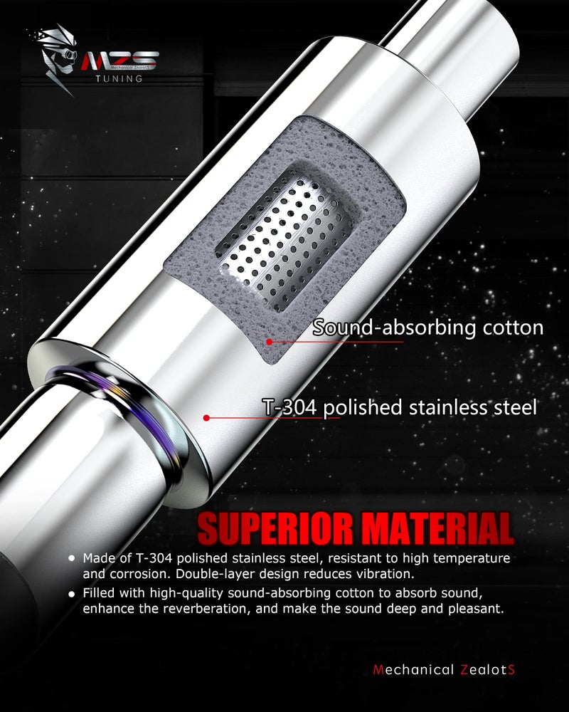MZS Exhaust Muffler, Straight Through Stainless Steel Exhaust Tip 15" Length 2" Inlet 3" Outlet Universal for Car Sedan SUV Truck Vehicles - Image 2