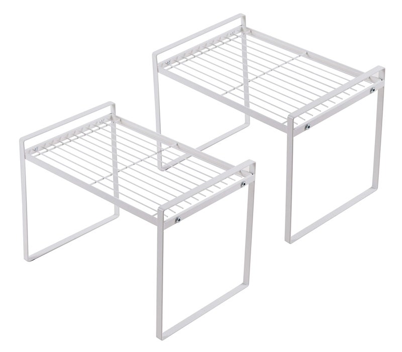 Shantton 2pk Kitchen Cabinet Shelf Counter Organizer Rack Pantry Storage Bathroom Bedroom Office Table Desk Space Saving Steel Frame Stackable Rust Resistant Non Slip WhiteTall L13in W83in H95in