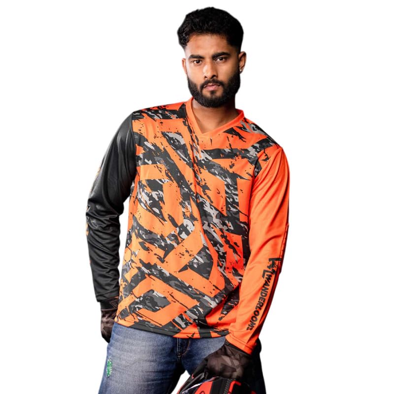 WANDERLOOMS Wild Ride Performance Jersey Tshirt for Men | Graphic Printed Round Neck Full Sleeve Riding Jersey for Bikers | Sports Tshirt for Men Orange - Image 1