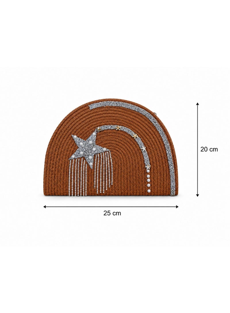 LIFESTYLISH Women's Woven Raffia Clutch Bag with Sparkling Star & Pearl Detail - Brown ZK-1 - Image 1