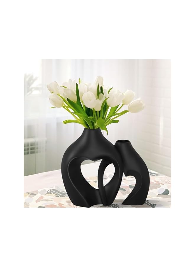The Bros Black Vases for Decor, Heart Shaped Ceramic Vase Set of 2, Nordic Heart Shaped Vases, Minimalist Decorative Vase for Table Centerpiece Wedding Dining Living Room Office House Decoration (003) - Image 2