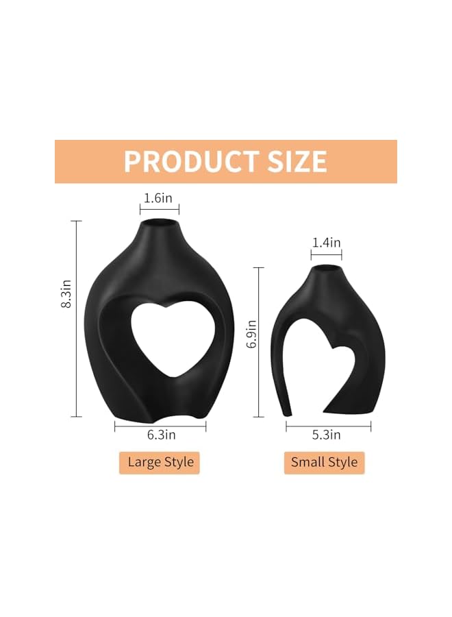The Bros Black Vases for Decor, Heart Shaped Ceramic Vase Set of 2, Nordic Heart Shaped Vases, Minimalist Decorative Vase for Table Centerpiece Wedding Dining Living Room Office House Decoration (003) - Image 3