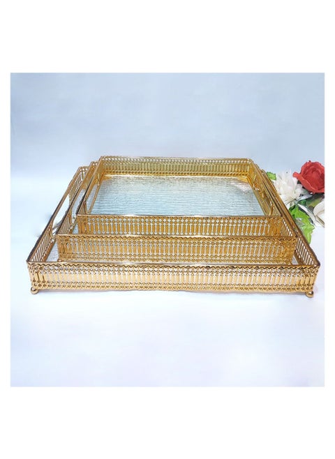 Luxurious serving tray with golden edges, heritage engraving, unique and elegant design, transparent/gold