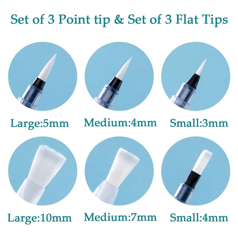 HOUSE HATCH Water Brush Pen Set, 6 Pcs Aqua Painting Brushes with Assorted Tips for Water Soluble Colored Pencils, Water Color Water-Base Markers, Powdered Pigment Watercolor Paints - Image 2