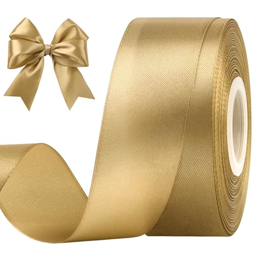 CLUEWR 112 Inches 50 Yards Champagne Gold Satin Ribbon Solid Fabric Ribbon Roll for Flower Bouquets Gift Wrapping Wedding Handmade Crafts - Image 2