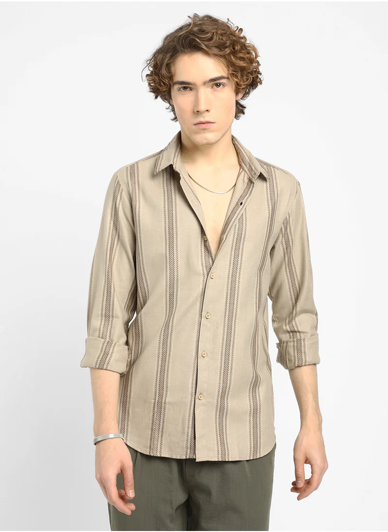 كامبوس سوترا Men's Bisque Beige Halo-Striped Shirt