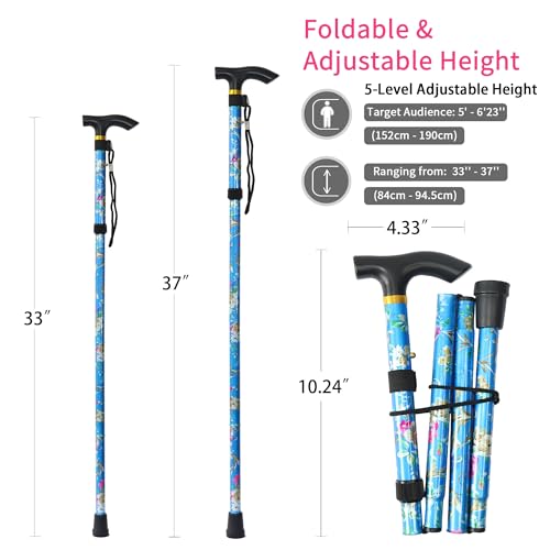 CLOKTA Folding Cane 5Level Adjustable Height Lightweight Portable Foldable Walking Canes with Wrist Strap and T Handle for Men Women Seniors Floral Blue - Image 5