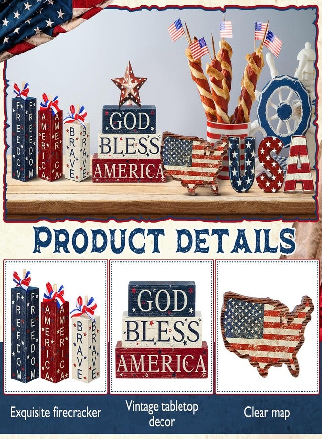 FoldTier 11 Pcs 4th of July Decoration Memorial Day Table Sign Patriotic Tiered Tray Decorations Wooden Faux Book Stack Firework Sign Independence Day Tabletop Centerpieces for Home Tables - Image 5